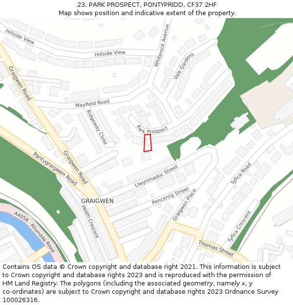 23, PARK PROSPECT, PONTYPRIDD, CF37 2HF: Location map and indicative extent of plot