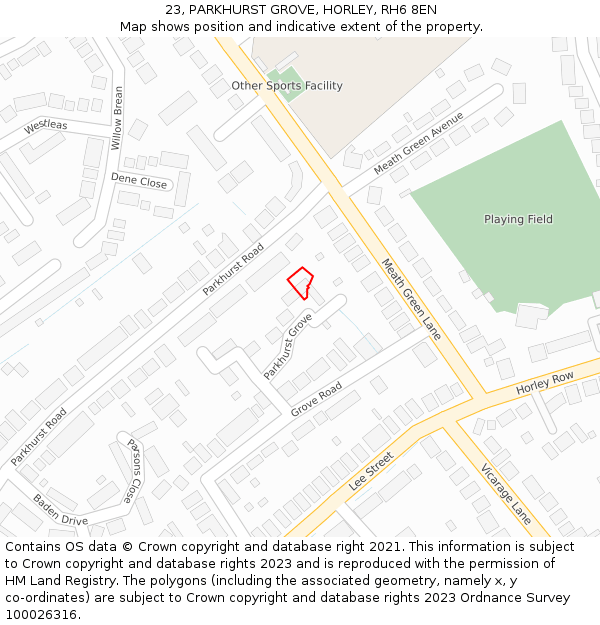 23, PARKHURST GROVE, HORLEY, RH6 8EN: Location map and indicative extent of plot