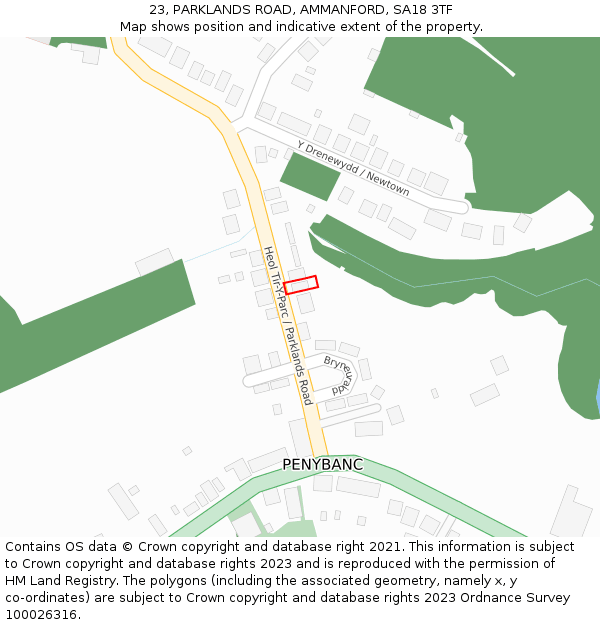 23, PARKLANDS ROAD, AMMANFORD, SA18 3TF: Location map and indicative extent of plot