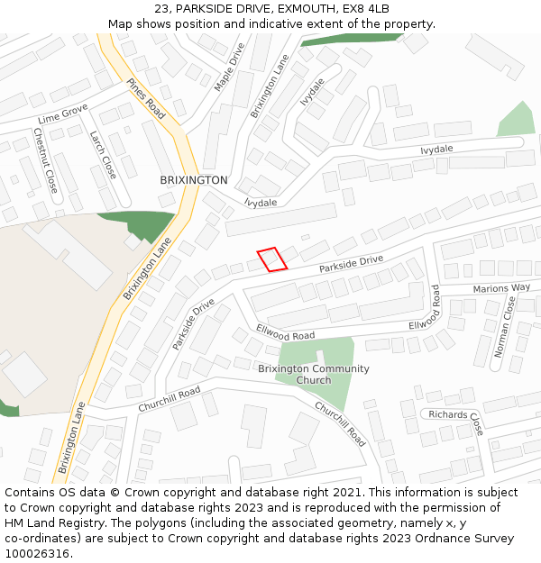 23, PARKSIDE DRIVE, EXMOUTH, EX8 4LB: Location map and indicative extent of plot