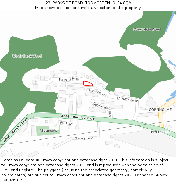 23, PARKSIDE ROAD, TODMORDEN, OL14 8QA: Location map and indicative extent of plot