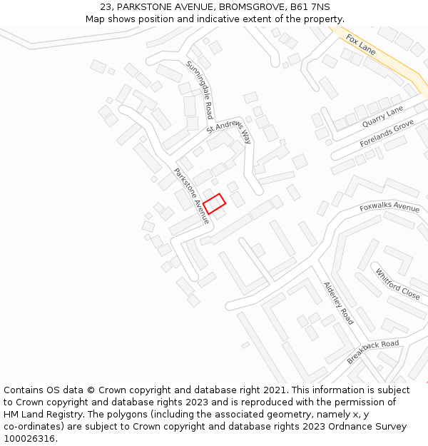 23, PARKSTONE AVENUE, BROMSGROVE, B61 7NS: Location map and indicative extent of plot