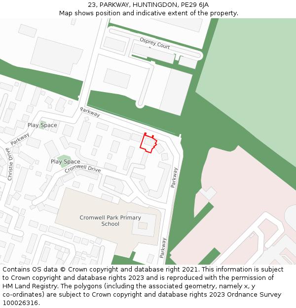 23, PARKWAY, HUNTINGDON, PE29 6JA: Location map and indicative extent of plot