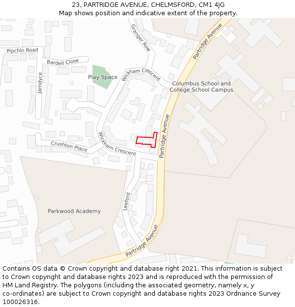 23, PARTRIDGE AVENUE, CHELMSFORD, CM1 4JG: Location map and indicative extent of plot