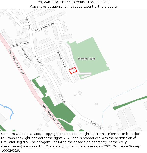 23, PARTRIDGE DRIVE, ACCRINGTON, BB5 2RL: Location map and indicative extent of plot
