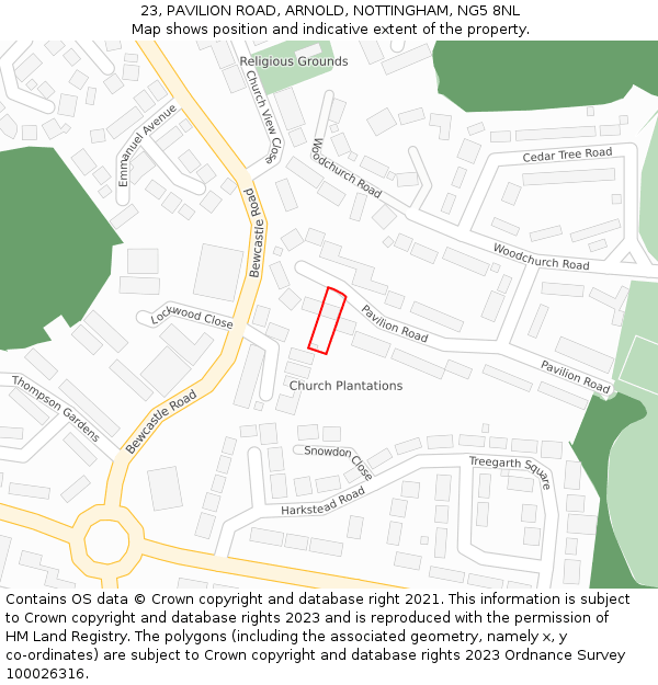 23, PAVILION ROAD, ARNOLD, NOTTINGHAM, NG5 8NL: Location map and indicative extent of plot