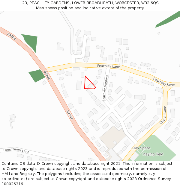 23, PEACHLEY GARDENS, LOWER BROADHEATH, WORCESTER, WR2 6QS: Location map and indicative extent of plot