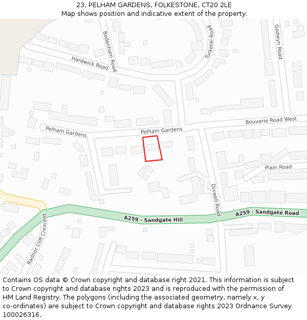 23, PELHAM GARDENS, FOLKESTONE, CT20 2LE: Location map and indicative extent of plot