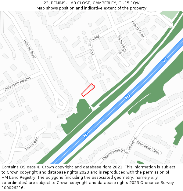 23, PENINSULAR CLOSE, CAMBERLEY, GU15 1QW: Location map and indicative extent of plot