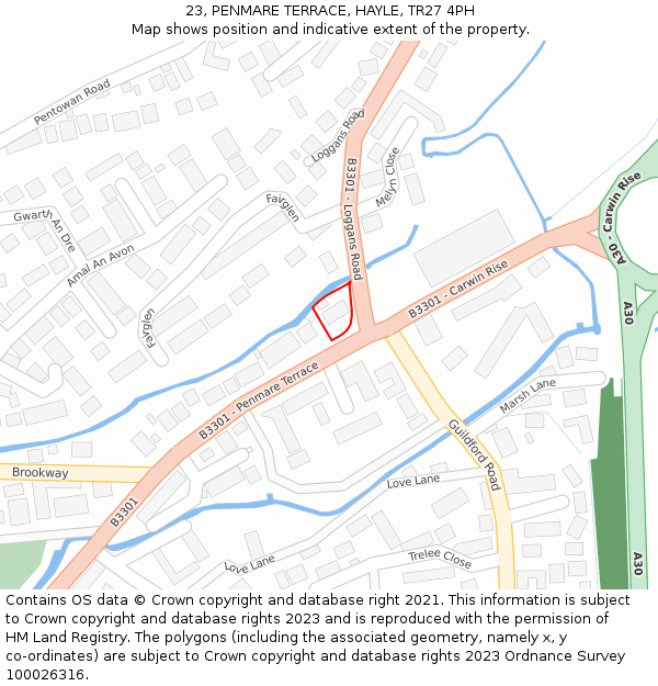 23, PENMARE TERRACE, HAYLE, TR27 4PH: Location map and indicative extent of plot