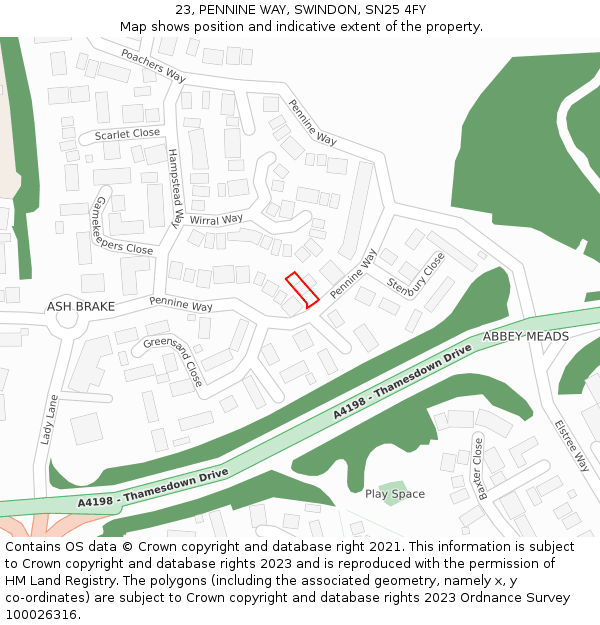 23, PENNINE WAY, SWINDON, SN25 4FY: Location map and indicative extent of plot