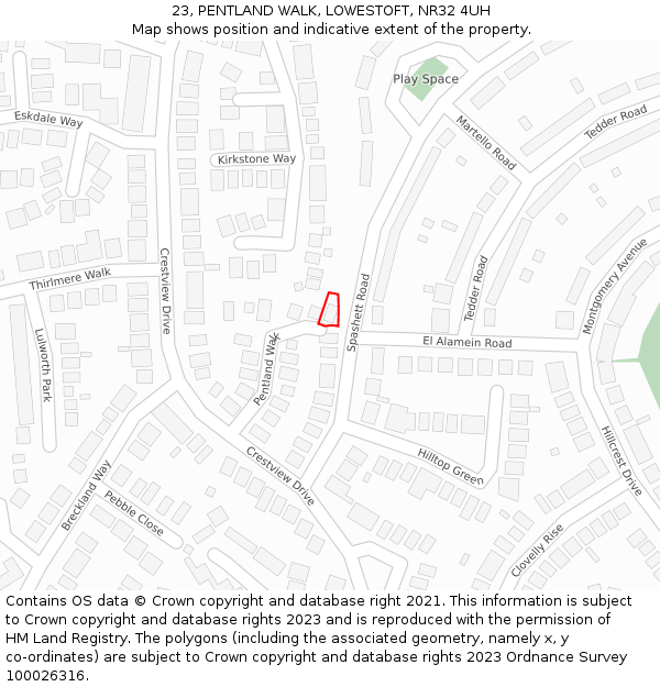 23, PENTLAND WALK, LOWESTOFT, NR32 4UH: Location map and indicative extent of plot