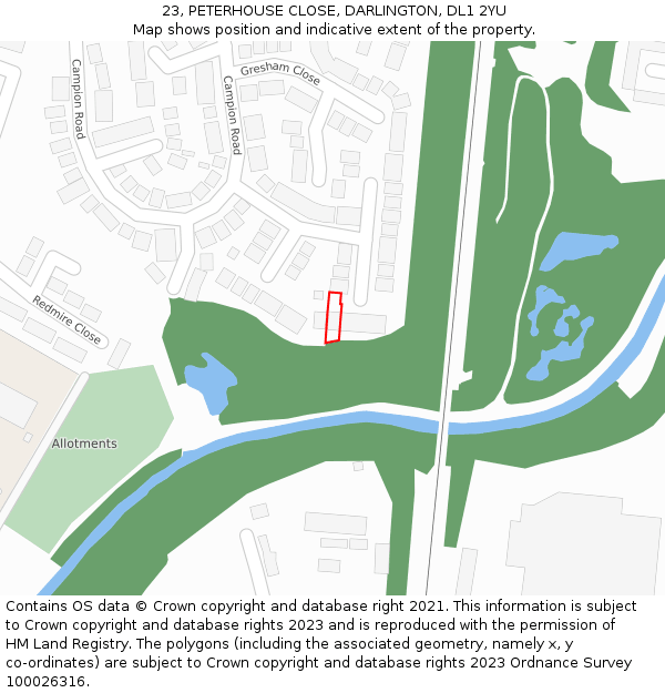 23, PETERHOUSE CLOSE, DARLINGTON, DL1 2YU: Location map and indicative extent of plot