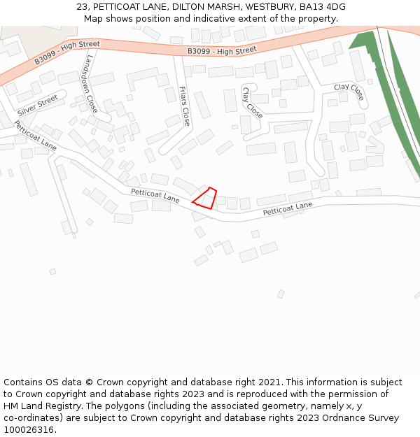 23, PETTICOAT LANE, DILTON MARSH, WESTBURY, BA13 4DG: Location map and indicative extent of plot