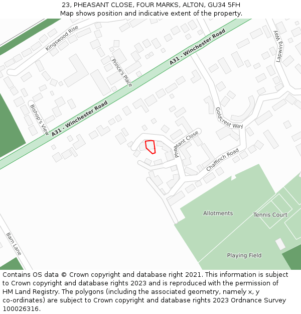 23, PHEASANT CLOSE, FOUR MARKS, ALTON, GU34 5FH: Location map and indicative extent of plot