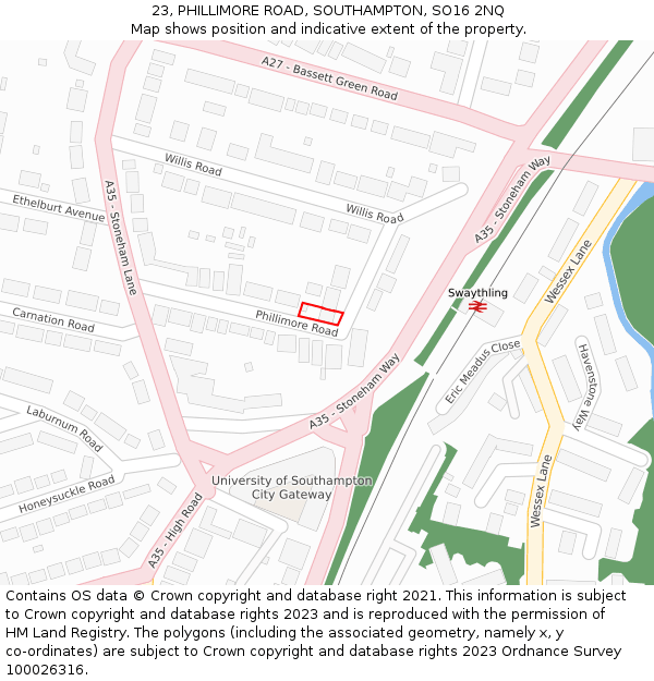 23, PHILLIMORE ROAD, SOUTHAMPTON, SO16 2NQ: Location map and indicative extent of plot