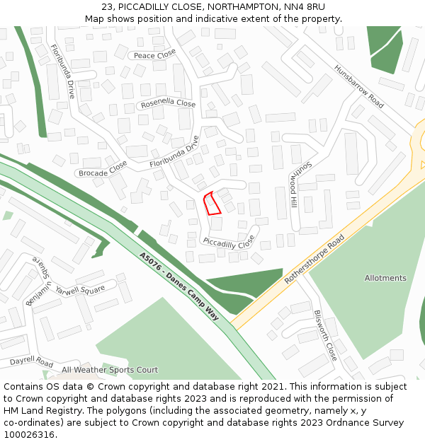 23, PICCADILLY CLOSE, NORTHAMPTON, NN4 8RU: Location map and indicative extent of plot