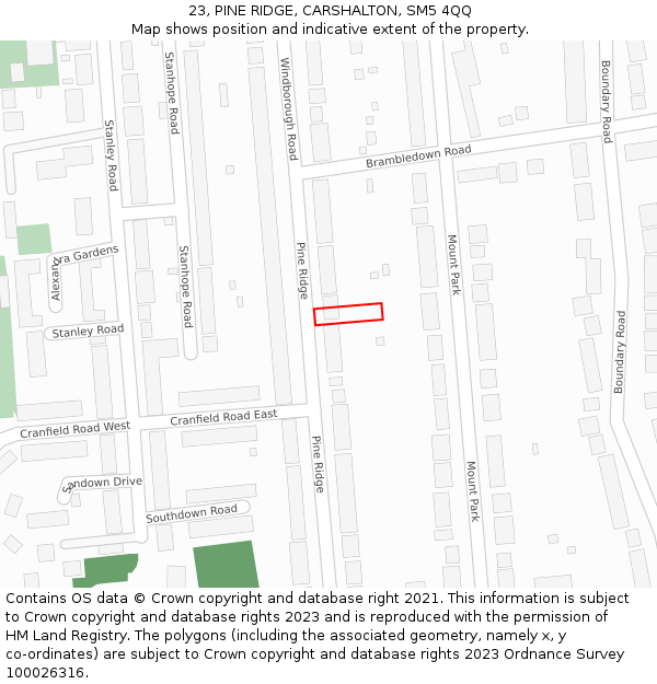 23, PINE RIDGE, CARSHALTON, SM5 4QQ: Location map and indicative extent of plot