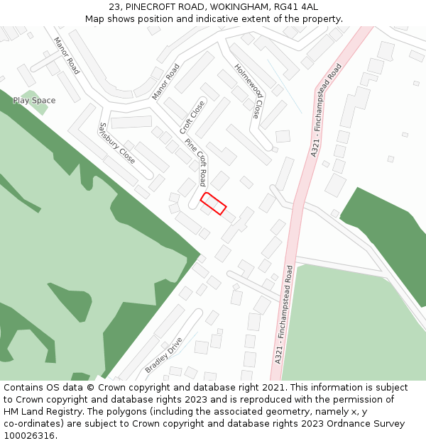 23, PINECROFT ROAD, WOKINGHAM, RG41 4AL: Location map and indicative extent of plot