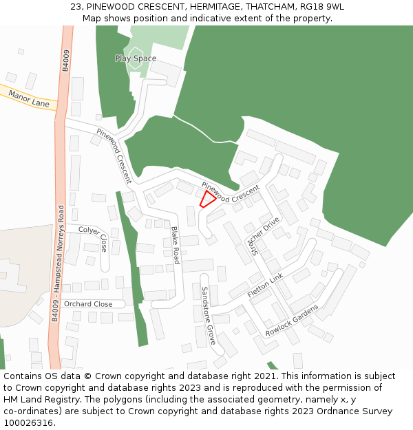 23, PINEWOOD CRESCENT, HERMITAGE, THATCHAM, RG18 9WL: Location map and indicative extent of plot