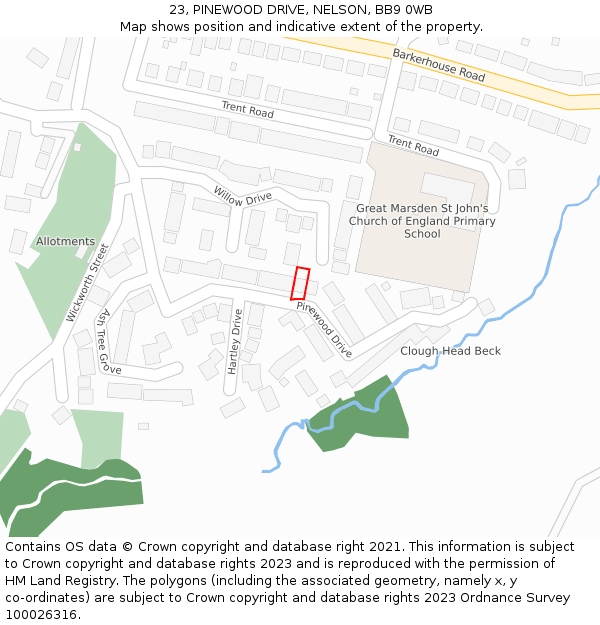 23, PINEWOOD DRIVE, NELSON, BB9 0WB: Location map and indicative extent of plot