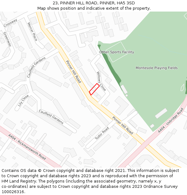 23, PINNER HILL ROAD, PINNER, HA5 3SD: Location map and indicative extent of plot