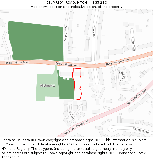 23, PIRTON ROAD, HITCHIN, SG5 2BQ: Location map and indicative extent of plot