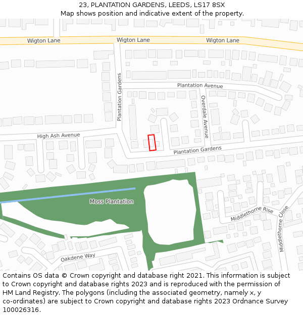 23, PLANTATION GARDENS, LEEDS, LS17 8SX: Location map and indicative extent of plot