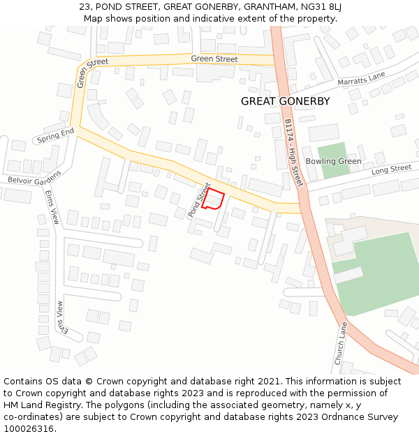23, POND STREET, GREAT GONERBY, GRANTHAM, NG31 8LJ: Location map and indicative extent of plot
