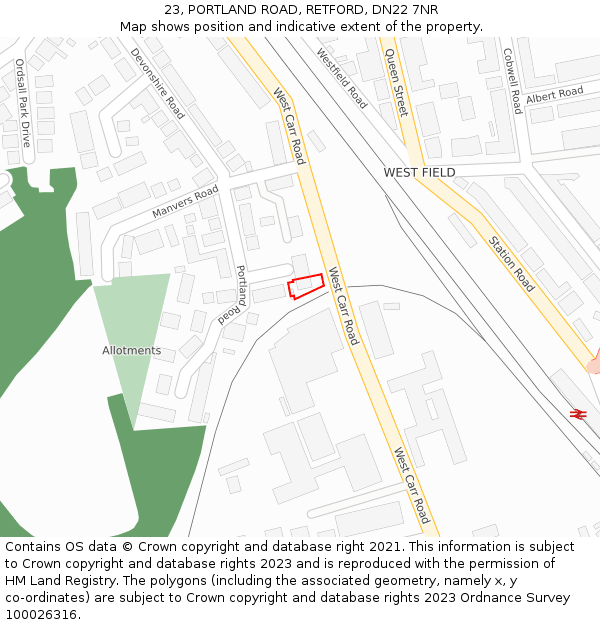 23, PORTLAND ROAD, RETFORD, DN22 7NR: Location map and indicative extent of plot