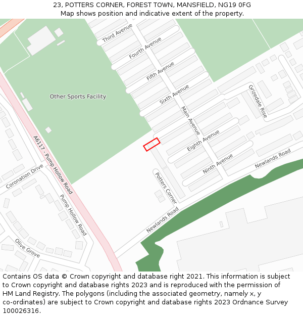 23, POTTERS CORNER, FOREST TOWN, MANSFIELD, NG19 0FG: Location map and indicative extent of plot