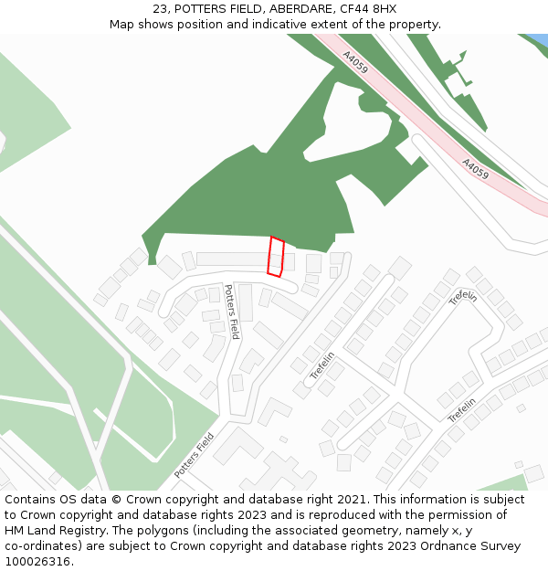 23, POTTERS FIELD, ABERDARE, CF44 8HX: Location map and indicative extent of plot