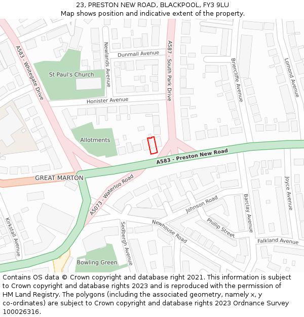 23, PRESTON NEW ROAD, BLACKPOOL, FY3 9LU: Location map and indicative extent of plot