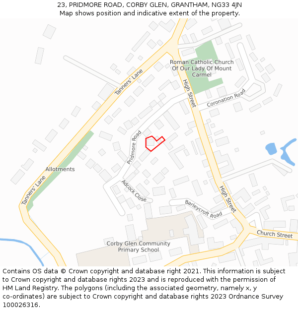 23, PRIDMORE ROAD, CORBY GLEN, GRANTHAM, NG33 4JN: Location map and indicative extent of plot