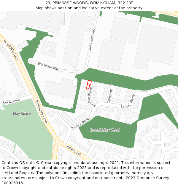 23, PRIMROSE WOODS, BIRMINGHAM, B32 3RE: Location map and indicative extent of plot