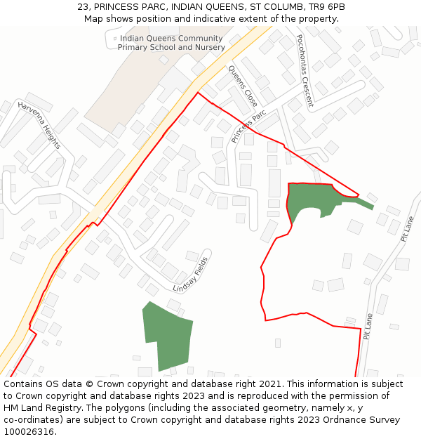 23, PRINCESS PARC, INDIAN QUEENS, ST COLUMB, TR9 6PB: Location map and indicative extent of plot