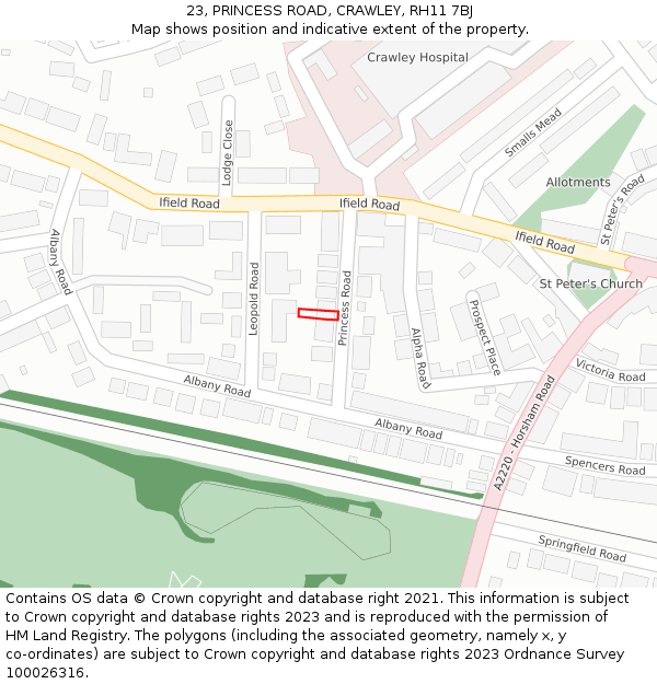 23, PRINCESS ROAD, CRAWLEY, RH11 7BJ: Location map and indicative extent of plot