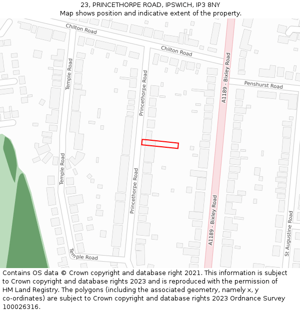 23, PRINCETHORPE ROAD, IPSWICH, IP3 8NY: Location map and indicative extent of plot
