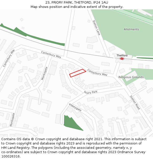 23, PRIORY PARK, THETFORD, IP24 1AU: Location map and indicative extent of plot