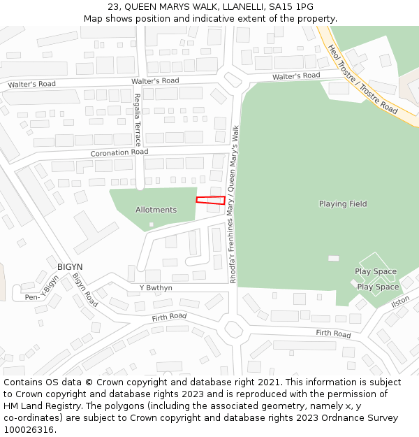 23, QUEEN MARYS WALK, LLANELLI, SA15 1PG: Location map and indicative extent of plot