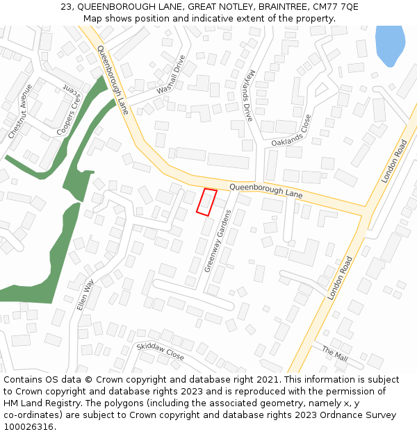 23, QUEENBOROUGH LANE, GREAT NOTLEY, BRAINTREE, CM77 7QE: Location map and indicative extent of plot