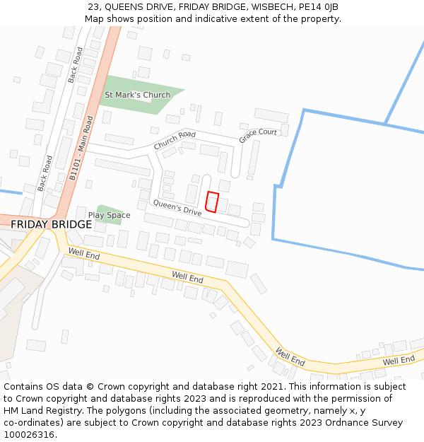 23, QUEENS DRIVE, FRIDAY BRIDGE, WISBECH, PE14 0JB: Location map and indicative extent of plot