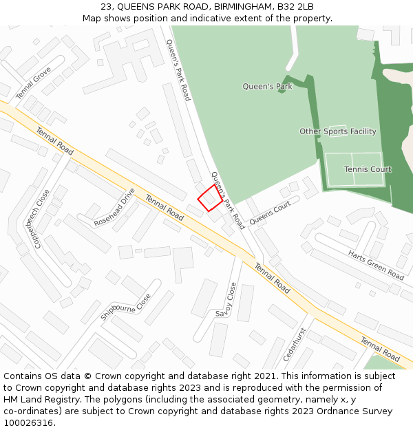 23, QUEENS PARK ROAD, BIRMINGHAM, B32 2LB: Location map and indicative extent of plot