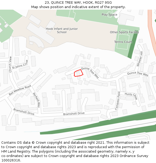 23, QUINCE TREE WAY, HOOK, RG27 9SG: Location map and indicative extent of plot