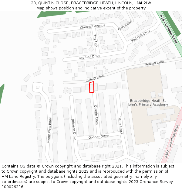 23, QUINTIN CLOSE, BRACEBRIDGE HEATH, LINCOLN, LN4 2LW: Location map and indicative extent of plot