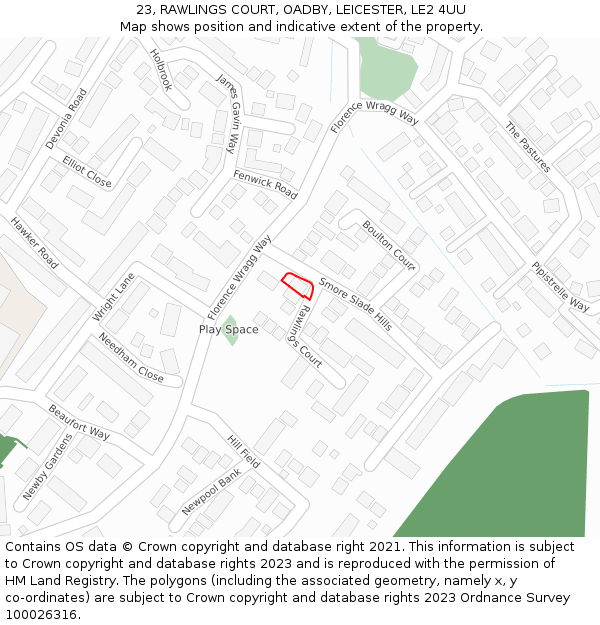 23, RAWLINGS COURT, OADBY, LEICESTER, LE2 4UU: Location map and indicative extent of plot