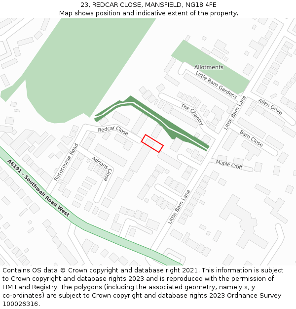 23, REDCAR CLOSE, MANSFIELD, NG18 4FE: Location map and indicative extent of plot