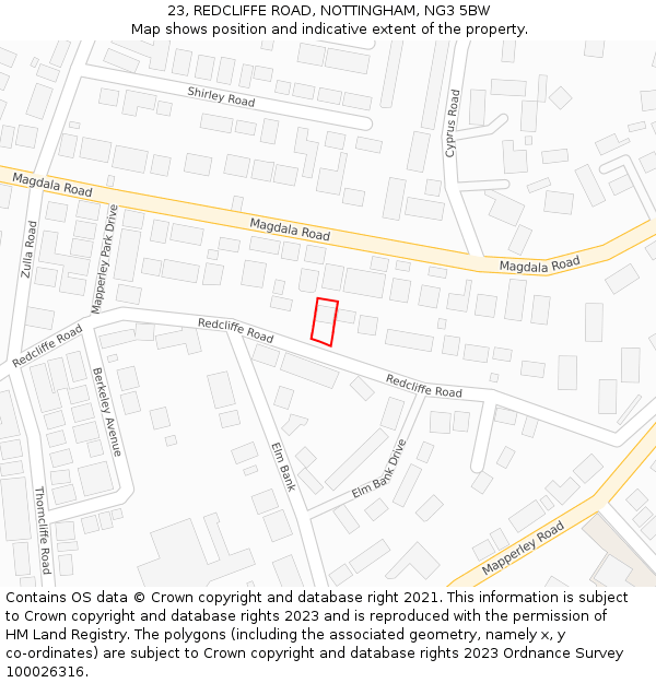23, REDCLIFFE ROAD, NOTTINGHAM, NG3 5BW: Location map and indicative extent of plot