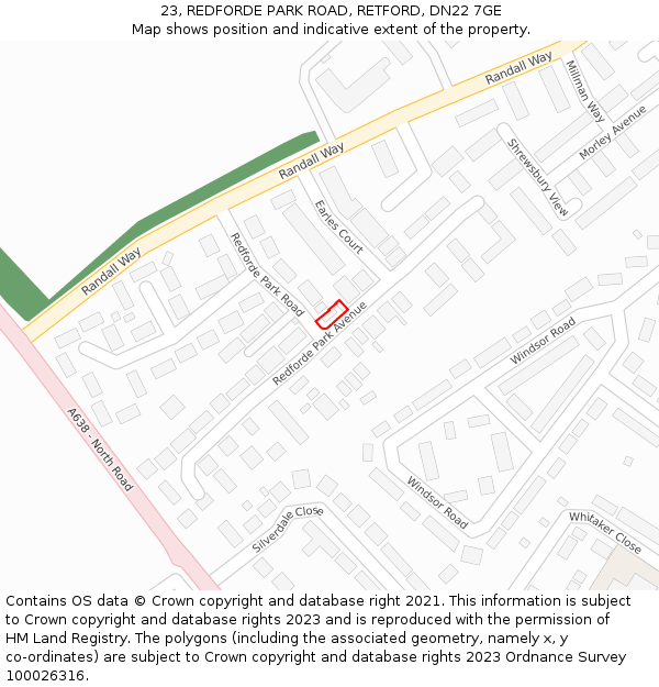 23, REDFORDE PARK ROAD, RETFORD, DN22 7GE: Location map and indicative extent of plot