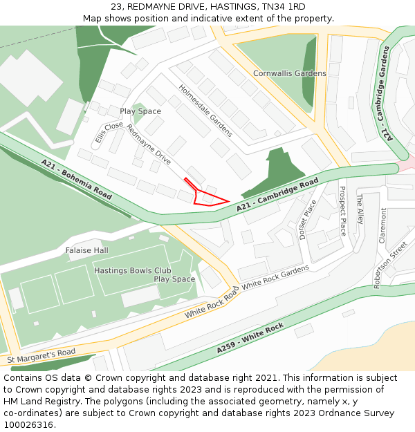 23, REDMAYNE DRIVE, HASTINGS, TN34 1RD: Location map and indicative extent of plot